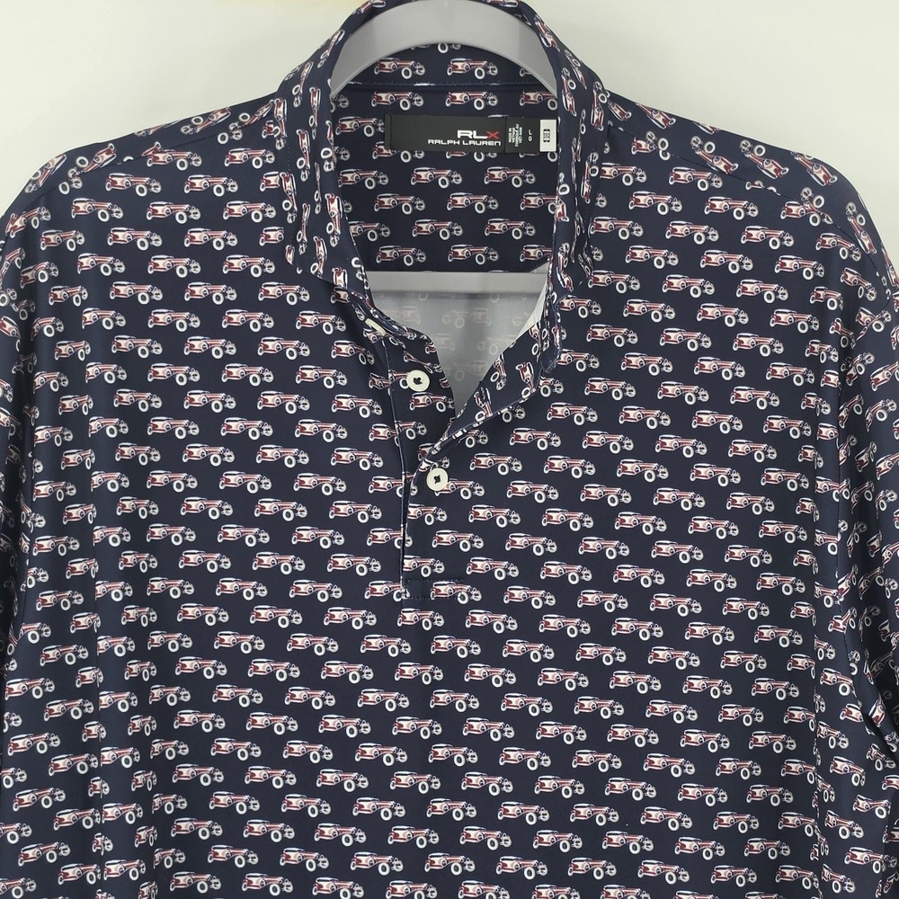 RLX Ralph Lauren Polo Shirt Blue Classic Car AOP Print Golf Performance Men's L